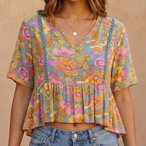 Womens 1XL Boho Floral Top Summer Lightweight Colorful V-Neck Blue Orange Flower